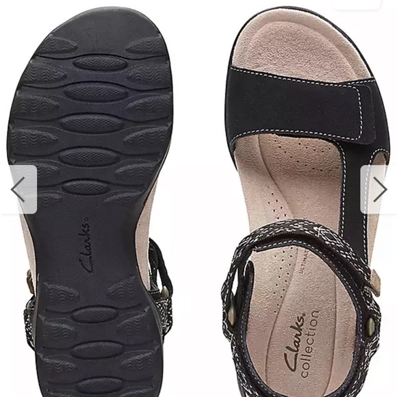 NWOT CLARKS AMANDA STEP SUEDE FLAT SANDALS SZ 9 Black Velcro Closures - Picture 4 of 13